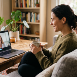 Mulher em consulta de psicologia online - telemedicina e bem-estar mental